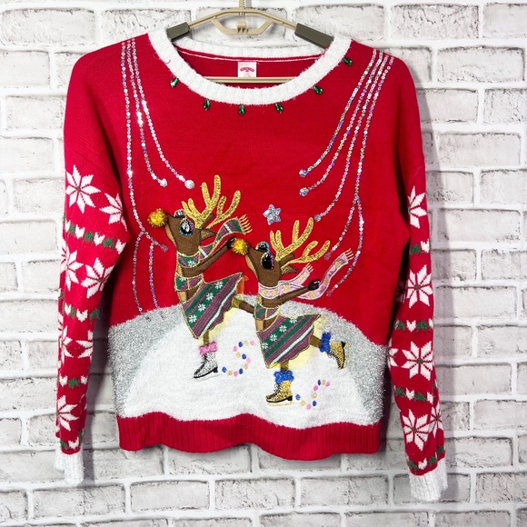 🎄|•HOLIDAY TIME•| Decorated Skating Reindeer Ugly Sweater Size Large - Picture 1 of 7